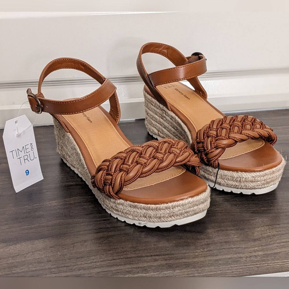 Women's Braided Espadrille Wedge Memory Foam Sandals, Size 9, Cognac Brown, NWT